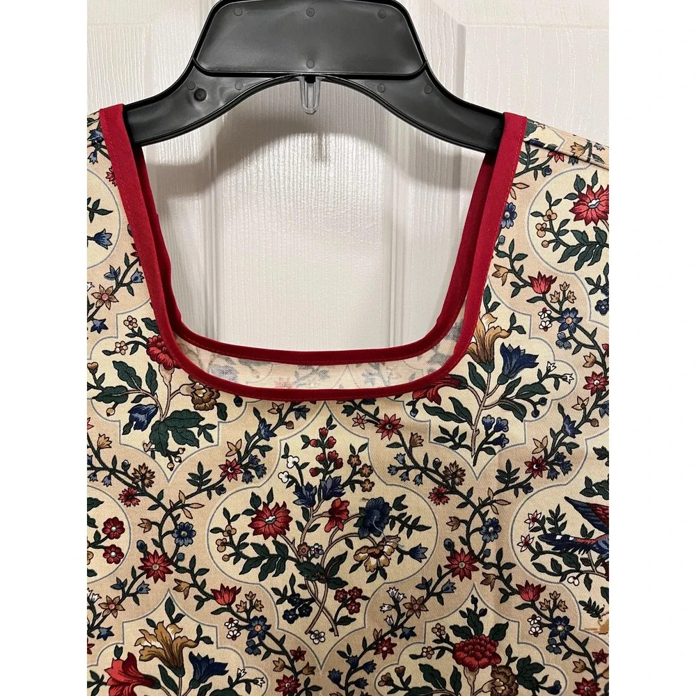 Red Blue Floral Bird Side Tie Apron, Handcrafted Kitchen Linen